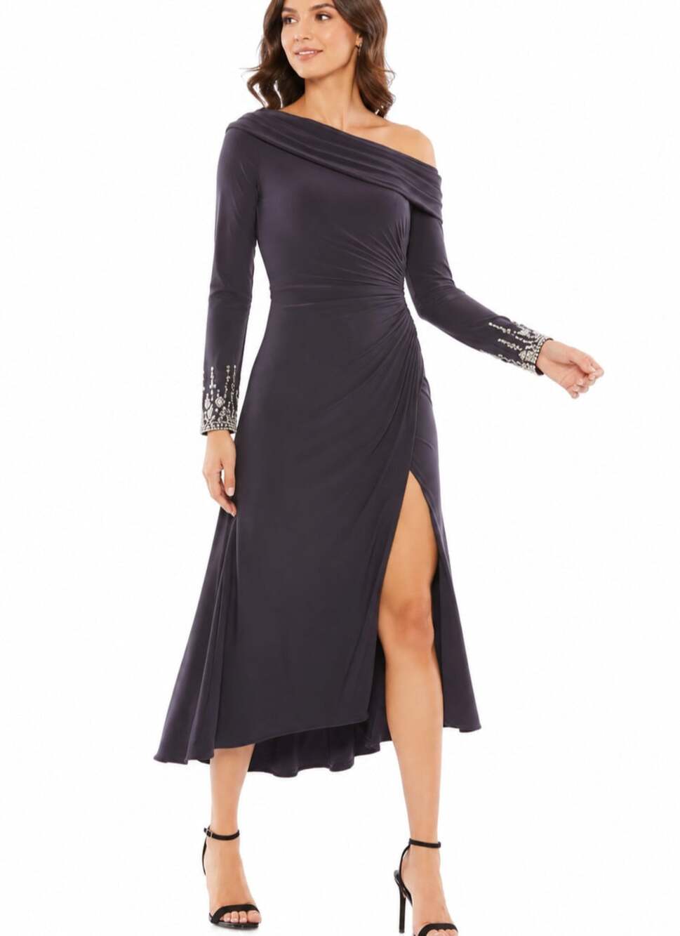 Mac Duggal 264851 Foldover Long Sleeve Jeweled Midi Dress Charcoal NEW - Size 4